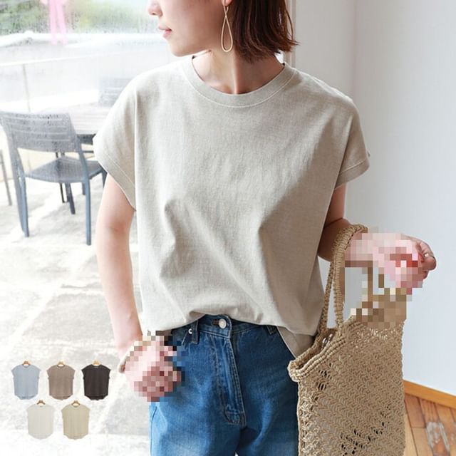 MIKIGA-Short Sleeve Round Neck Plain Slit Tee