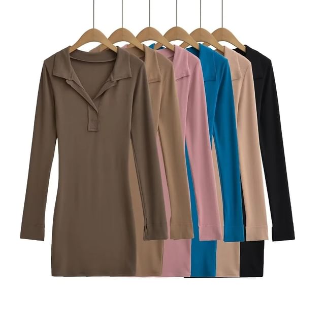 Asiris-Long Sleeve Collared Plain Bodycon Mini Polo Dress