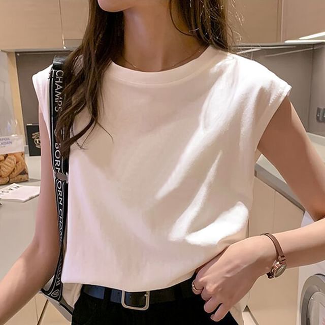 PERKARP-Sleeveless Crew Neck Plain T-Shirt