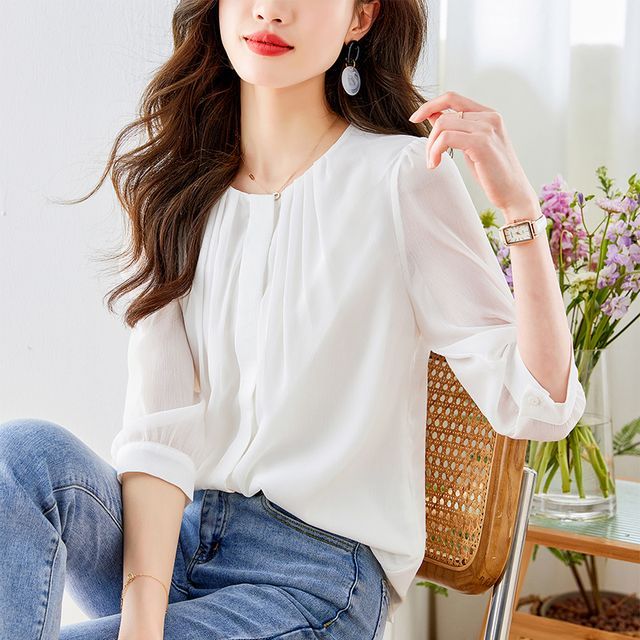 Dragan Pulse-34-Sleeve Pleated Plain Blouse