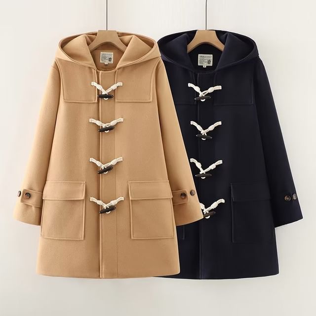 PANDAGO-Plain Hooded Toggle Coat