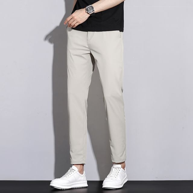 Denimic-Mid Rise Plain Cropped Straight Leg Pants