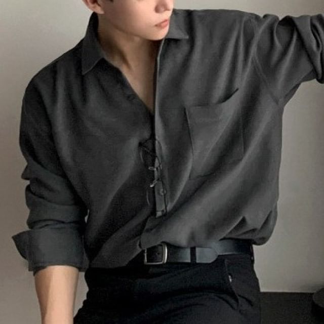 GRAYCIOUS-Long-Sleeve Collared Plain Button-Up Shirt