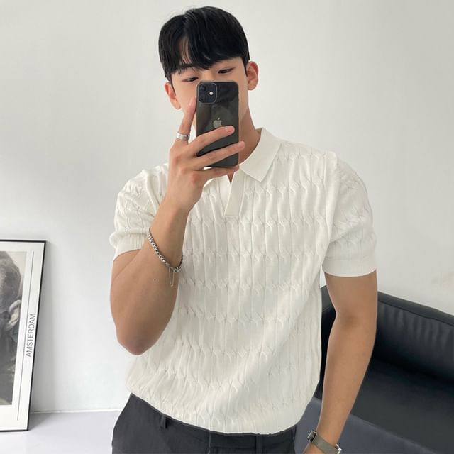 GRAYCIOUS-Short Sleeve Cable Knit Polo Shirt