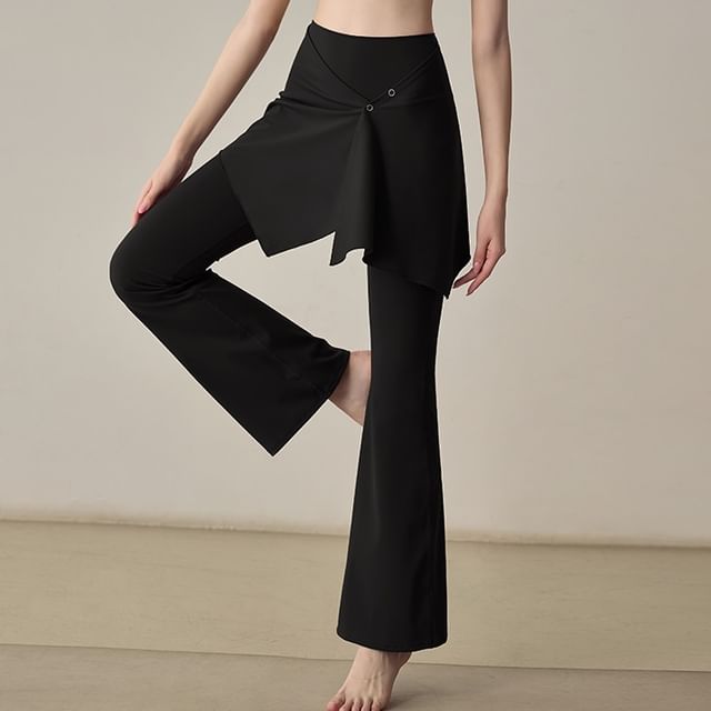 Faiar-High Waist Plain Asymmetrical Skirt Overlay Flared Yoga Pants