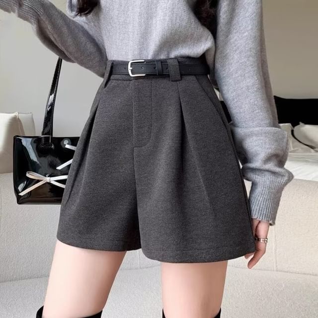Wildfoea-Set High Waist Plain Shorts Belt