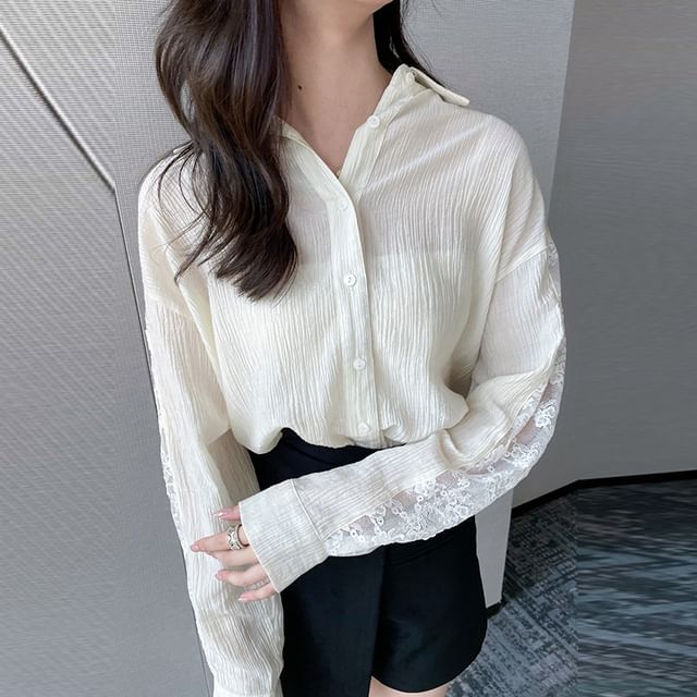 Dragan Pulse-Long Sleeve Collared Plain Panel Lace Shirt
