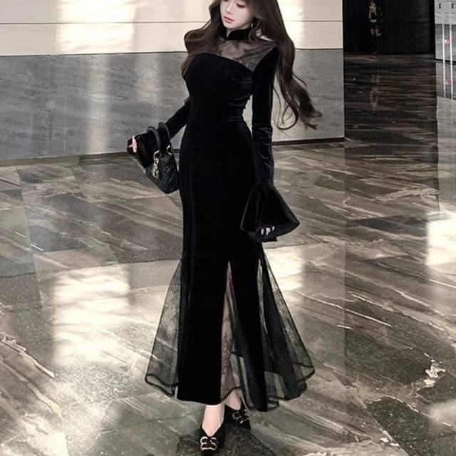 Trendycas - Bell Sleeve Mandarin Collar Plain Mesh Panel Velvet