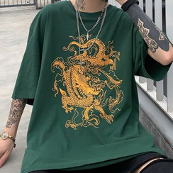Banash - Dragon Print Elbow-Sleeve T-Shirt Banash - Dragon Print Elbow-Sleeve T-Shirt