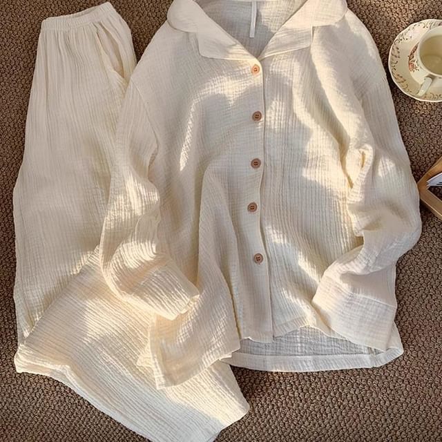 GOUB-Pajama Set Plain Shirred Button-Up Shirt Pants