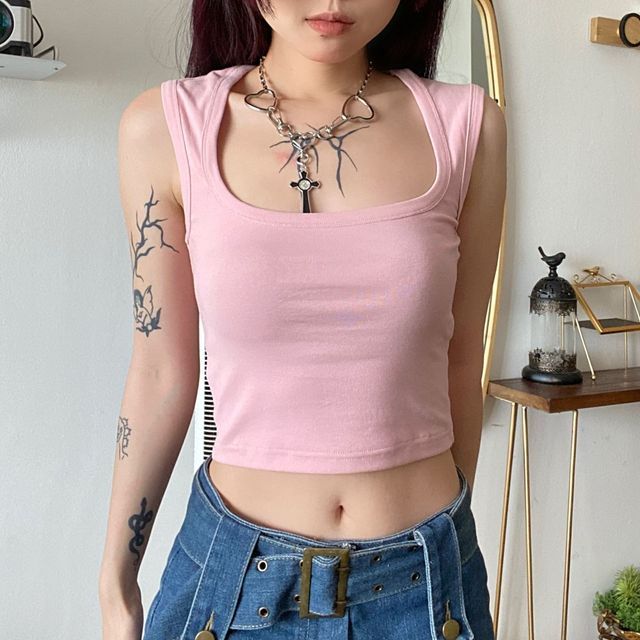 Sleeveless Square-Neck Plain Crop Top