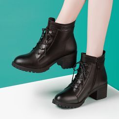 Hannah - Lace Up Block Heel Short Boots