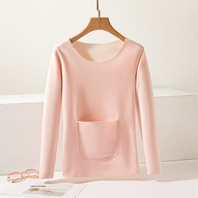 KUMI-Long-Sleeve Scoop Neck Plain Thermal T-Shirt