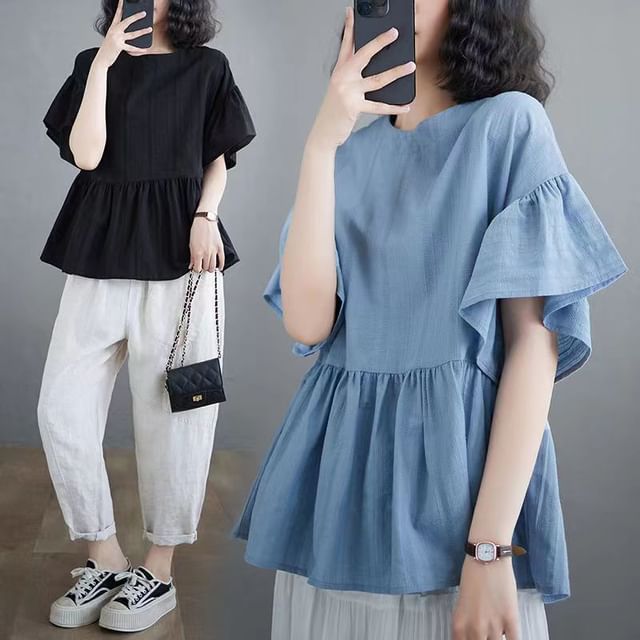 Everose-Elbow-Sleeve Round Neck Plain Ruffle Blouse