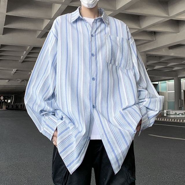 Plummie-Long Sleeve Collared Striped Shirt