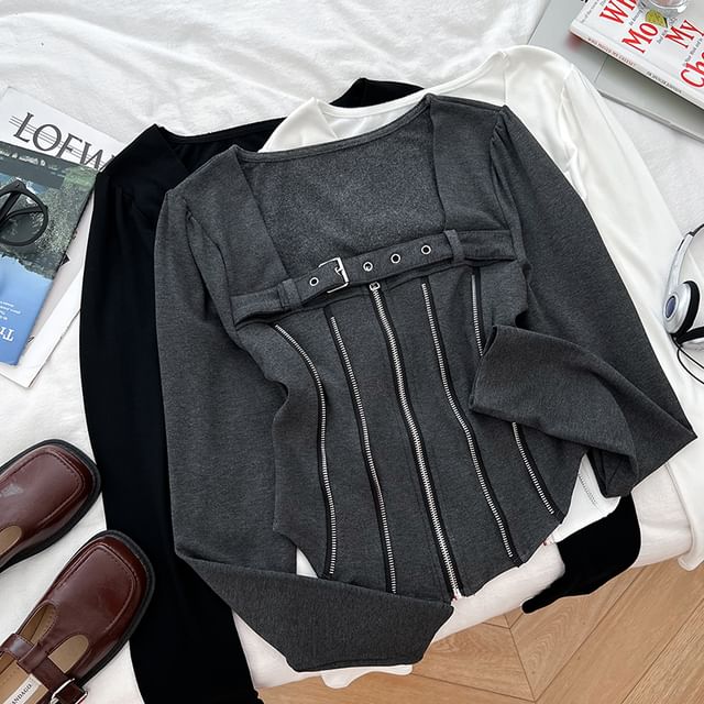 DIYI-Long-Sleeve Square Neck Plain Buckled Zip Detail Tee