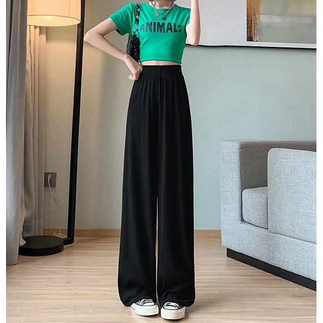 evanesce-High Rise Rib Wide Leg Plain Sweatpants