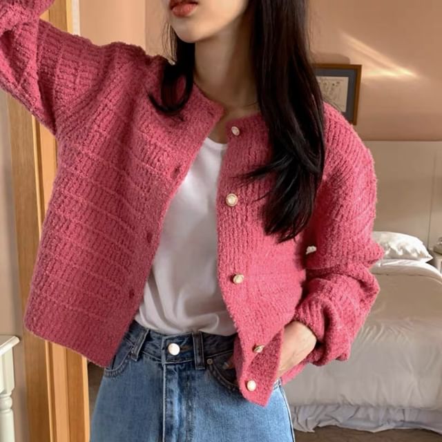 HYAKU-Round Neck Plain Cardigan