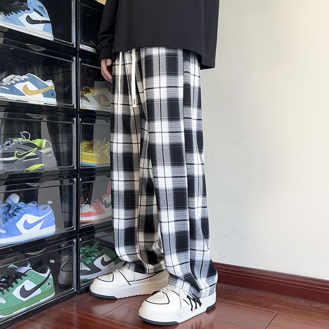 Obikan-Drawstring Waist Plaid Straight Leg Pants