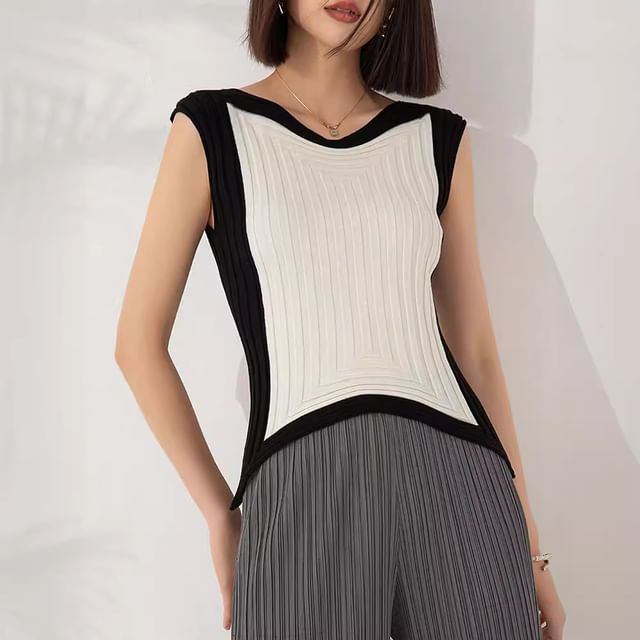 Doowex-Boat Neck Two Tone Ribbed Tank Top