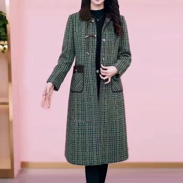 Everose-Collar Plaid Midi Single-Breasted Coat