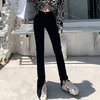 High Rise Split Hem Straight Leg Jeans 