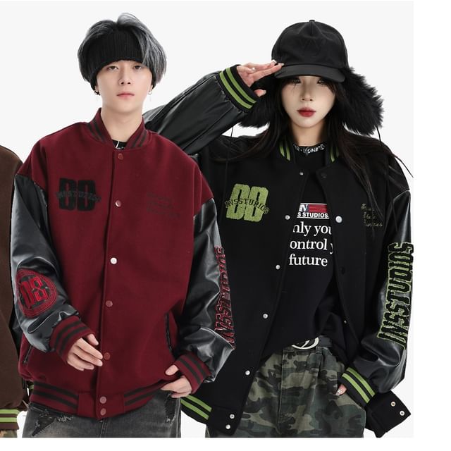 Banash-Letter Embroidered Single-Breasted Baseball Jacket