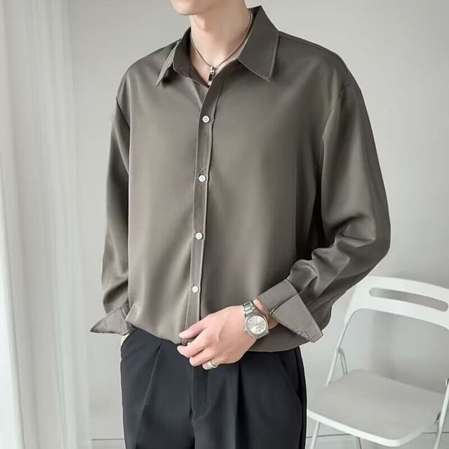 Bay Go Mall-Long-Sleeve Plain Shirt