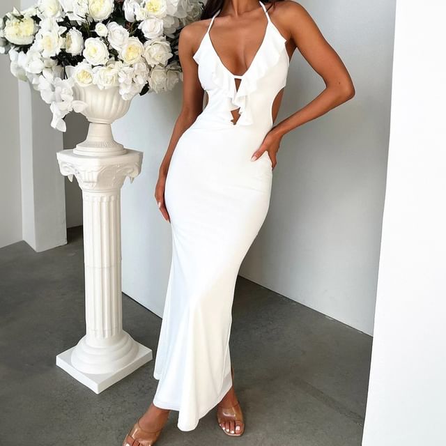 Alizio-Halter Plain Ruffle Maxi Sheath Dress