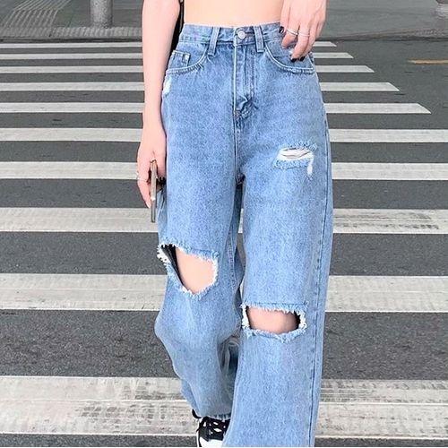 Mid Waist Ripped Rhinestone Chain Accent Loose Fit Jeans