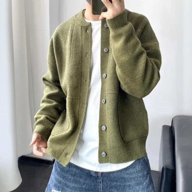 GRAYCIOUS-Crewneck Button-Up Plain Cardigan