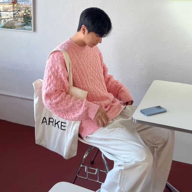 MRCYC-Crew Neck Plain Cable-Knit Sweater