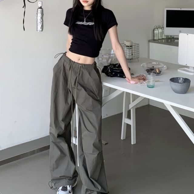 monroll-Pantalon parachute uni à la taille avec cordon de serrage