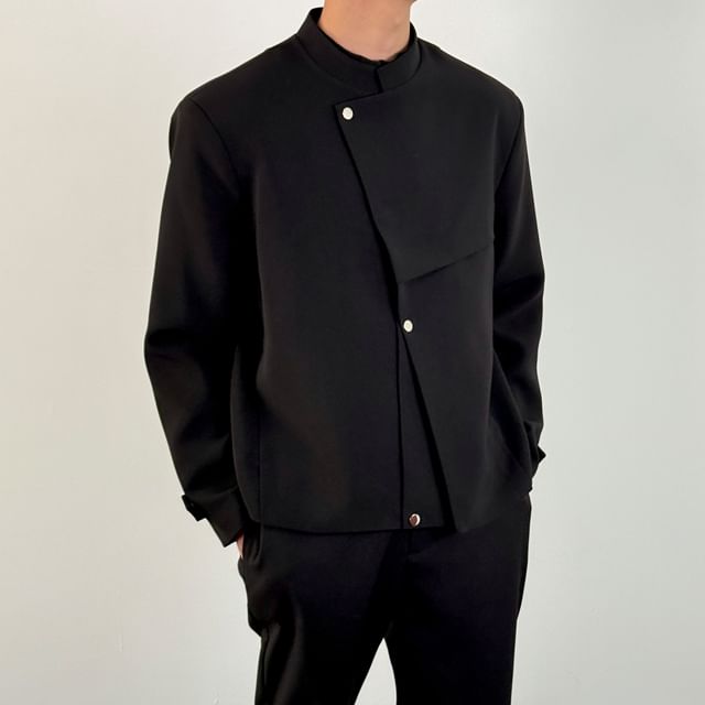 DragonRoad-Stand Collar Asymmetrical Button-Up Plain Blazer