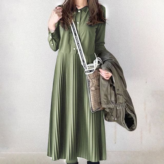 Supernova-Long-Sleeve Collar Plain Button Accordion Pleated Midi A-Line Dress