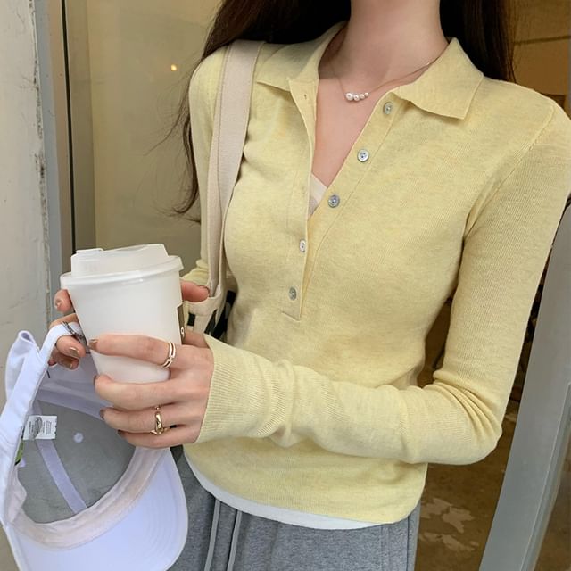 Asiris-Long-Sleeve Collared Mock Two-Piece Two Tone Half-Buttoned Slim Fit Knit Top