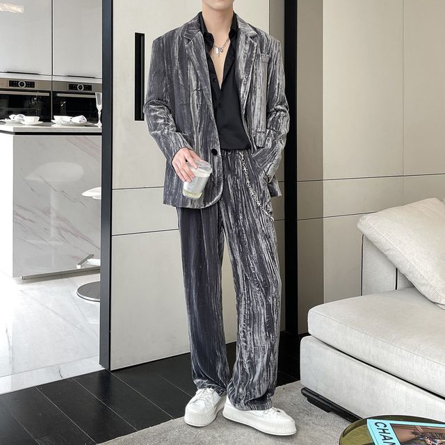 Omozando-Set Plain Single-Breasted Blazer Mid Rise Wide Leg Pants