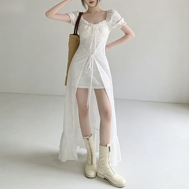 【nene】puffy ocasion dress NENE - Puff-Sleeve Scoop Neck Plain Front-Slit Maxi Sundress