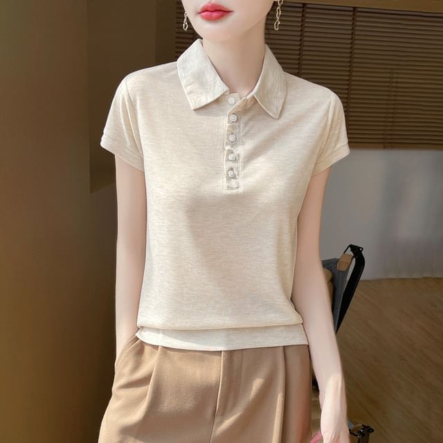 Weelop-Short-Sleeve Collared Plain Sheer T-Shirt
