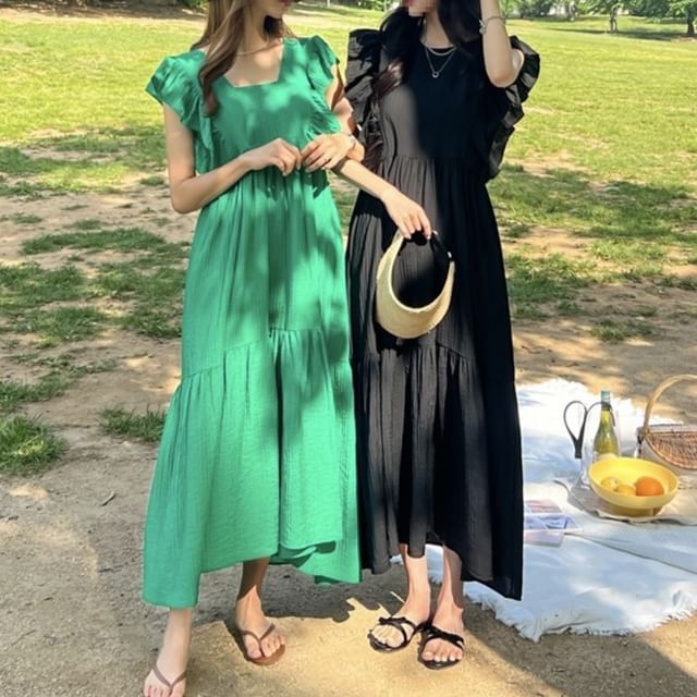 MIKIGA-Sleeveless Square Neck Plain Ruffle Maxi Sundress