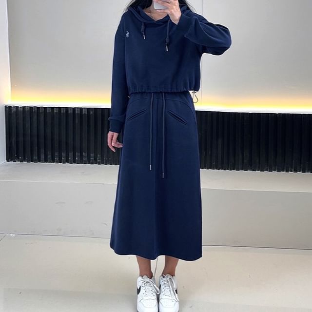 Woohan-Drawstring Waist Plain Midi A-Line Skirt