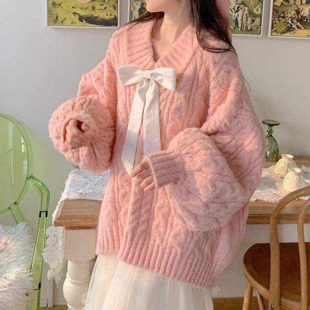 FR-Puff-Sleeve V-Neck Plain Cable-Knit Oversized Sweater