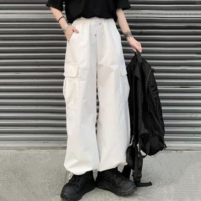 Sisyphi-Drawstring Waist Plain Baggy Cargo Pants