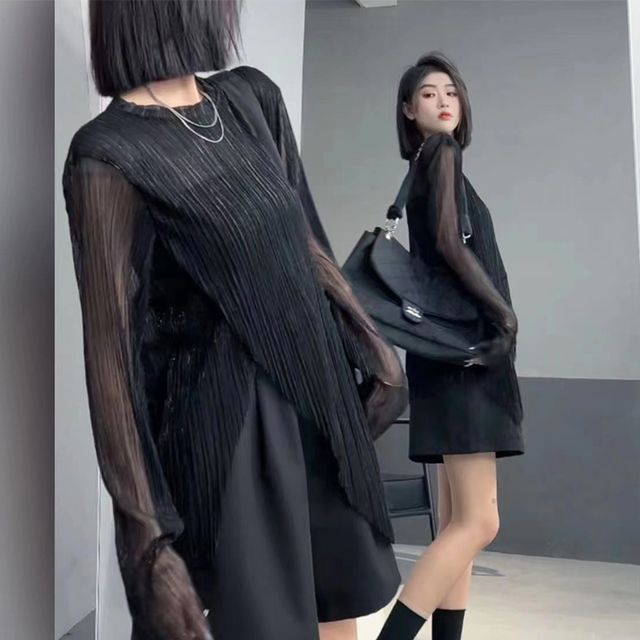 Everose-Long-Sleeve Crew Neck Plain Asymmetrical Mesh Top