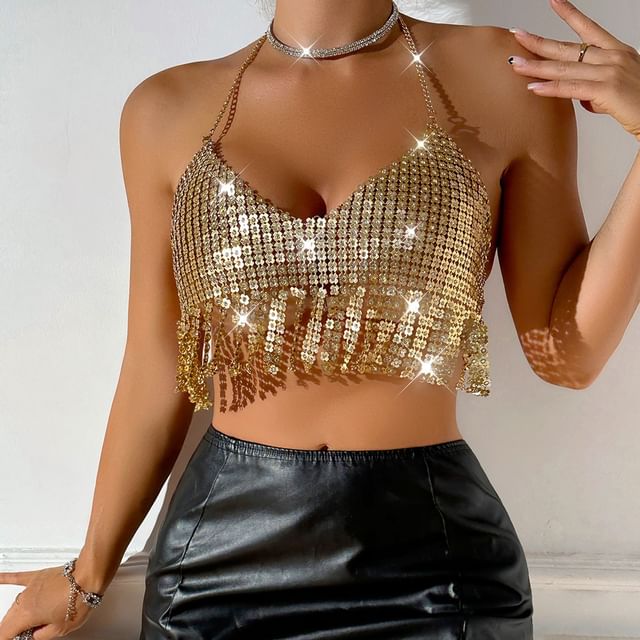 gold fringe crop top