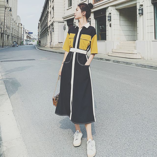 short sleeve color block dress 90s Color Block Dress Two Tone Cream Navy Short Sleeve Collar Vintage  Academic Professional Office Preppy Classic Dressy Elegant Small S