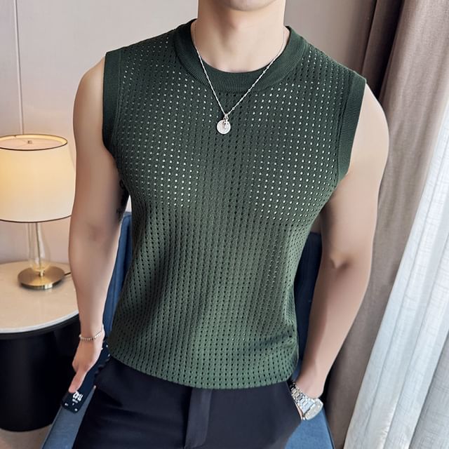 Lefitt-Crew Neck Plain Perforated Knit Tank Top
