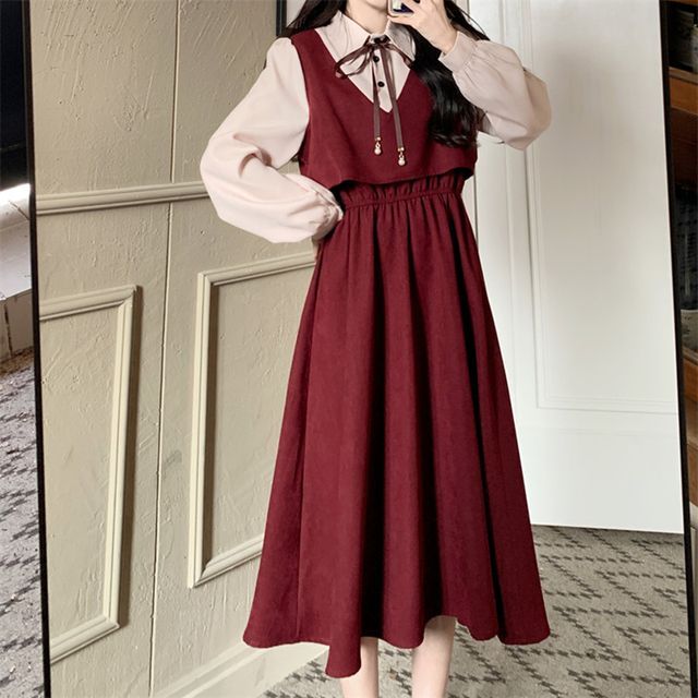 Erlington - Long-Sleeve Collared Mock Two Piece Mini A-Line Dress | YesStyle