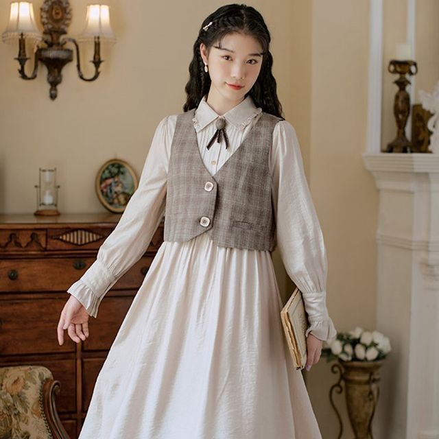 Cocaliso - Long-Sleeve Collared Midi A-Line Dress / Plaid Button-Up Vest /  Set | YesStyle