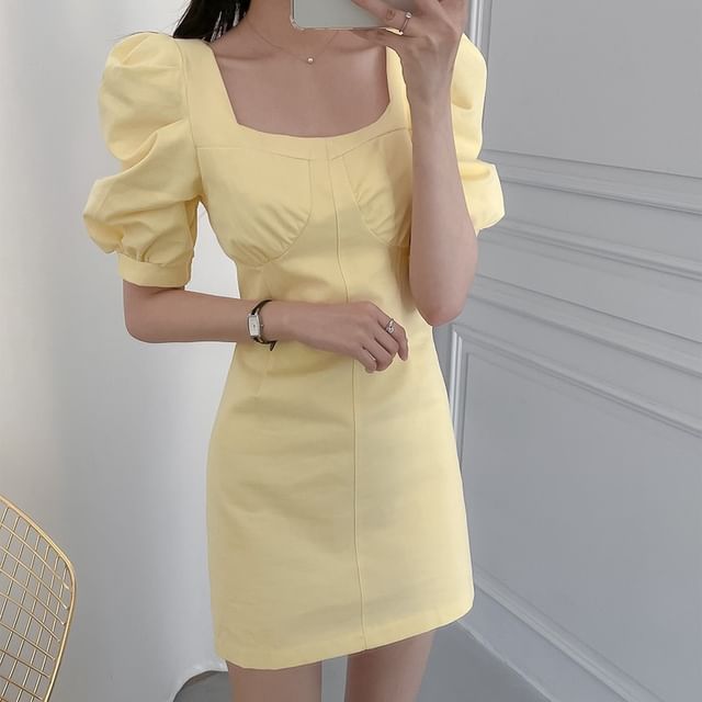 Tulstrix-Puff-Sleeve Square Neck Plain Mini Sheath Dress
